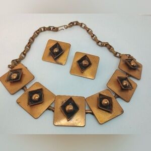 2PC Vtg Hand Crafted copper brutalist statement necklace and earring set
